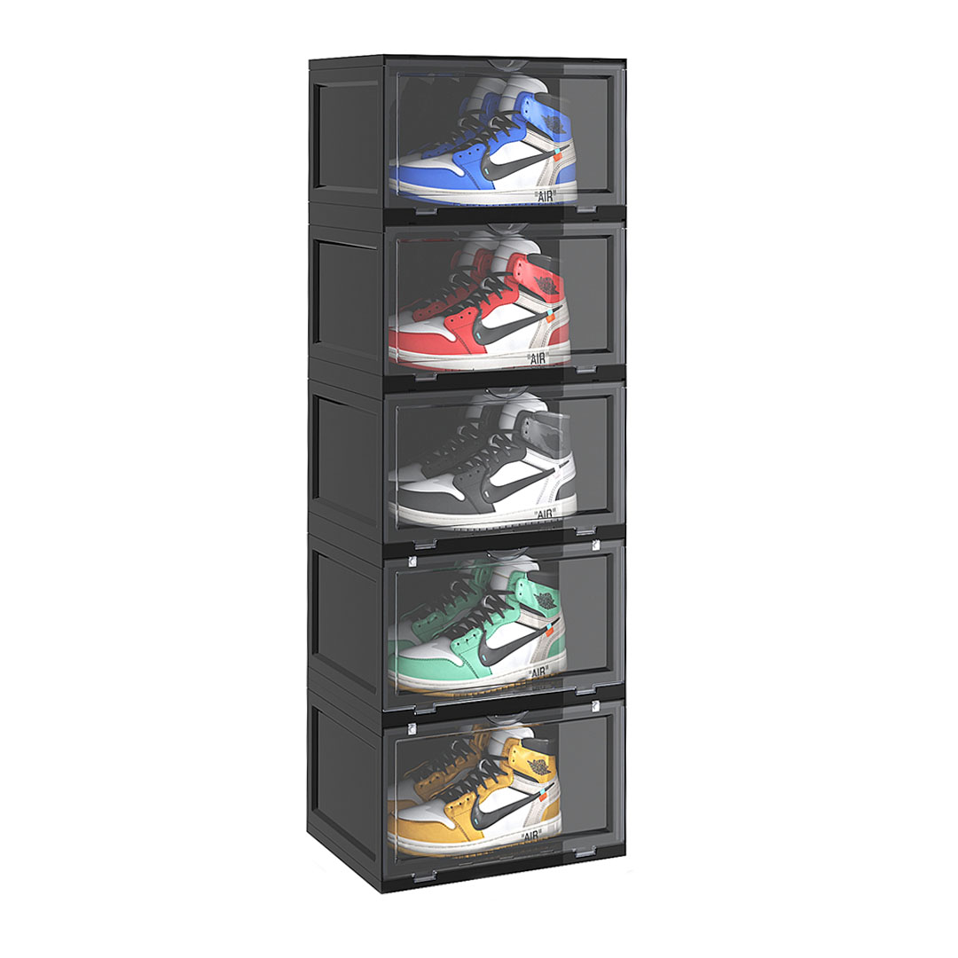 Soga 5 Tier Black Portable Shoe Organiser Sneaker Footwear Folding Plastic Bin Stackable Storage Box With Magnetic Door, Furniture, Storage &Amp; Shelving, Shoe Storage, , ,  - Nz Depot 1