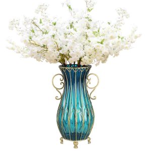 SOGA 51cm Blue Glass Tall Floor Vase and 10pcs White Artificial Fake Flower Set, Home & Living, Home Decor, Vases, , ,  - NZ DEPOT 1