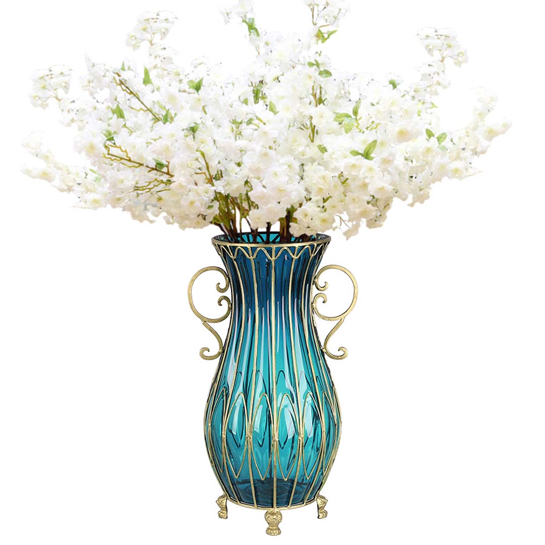 Soga 51Cm Blue Glass Tall Floor Vase And 10Pcs White Artificial Fake Flower Set, Home &Amp; Living, Home Decor, Vases, , ,  - Nz Depot 1