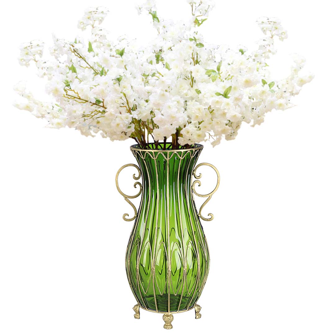 Soga 51Cm Green Glass Tall Floor Vase And 10Pcs White Artificial Fake Flower Set, Home &Amp; Living, Home Decor, Vases, , ,  - Nz Depot 1