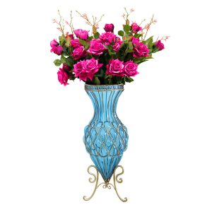 SOGA 67cm Blue Glass Tall Floor Vase and 12pcs Dark Pink Artificial Fake Flower Set, Home & Living, Home Decor, Vases, ,  - NZ DEPOT 1