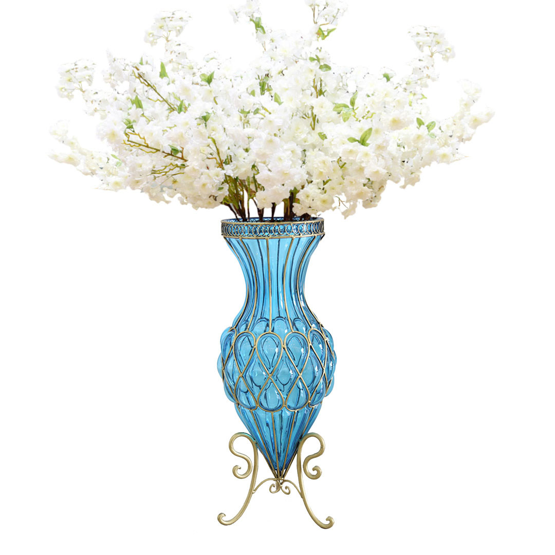 Soga 67Cm Blue Glass Tall Floor Vase With 10Pcs White Artificial Fake Flower Set, Home &Amp; Living, Home Decor, Vases, , ,  - Nz Depot 1