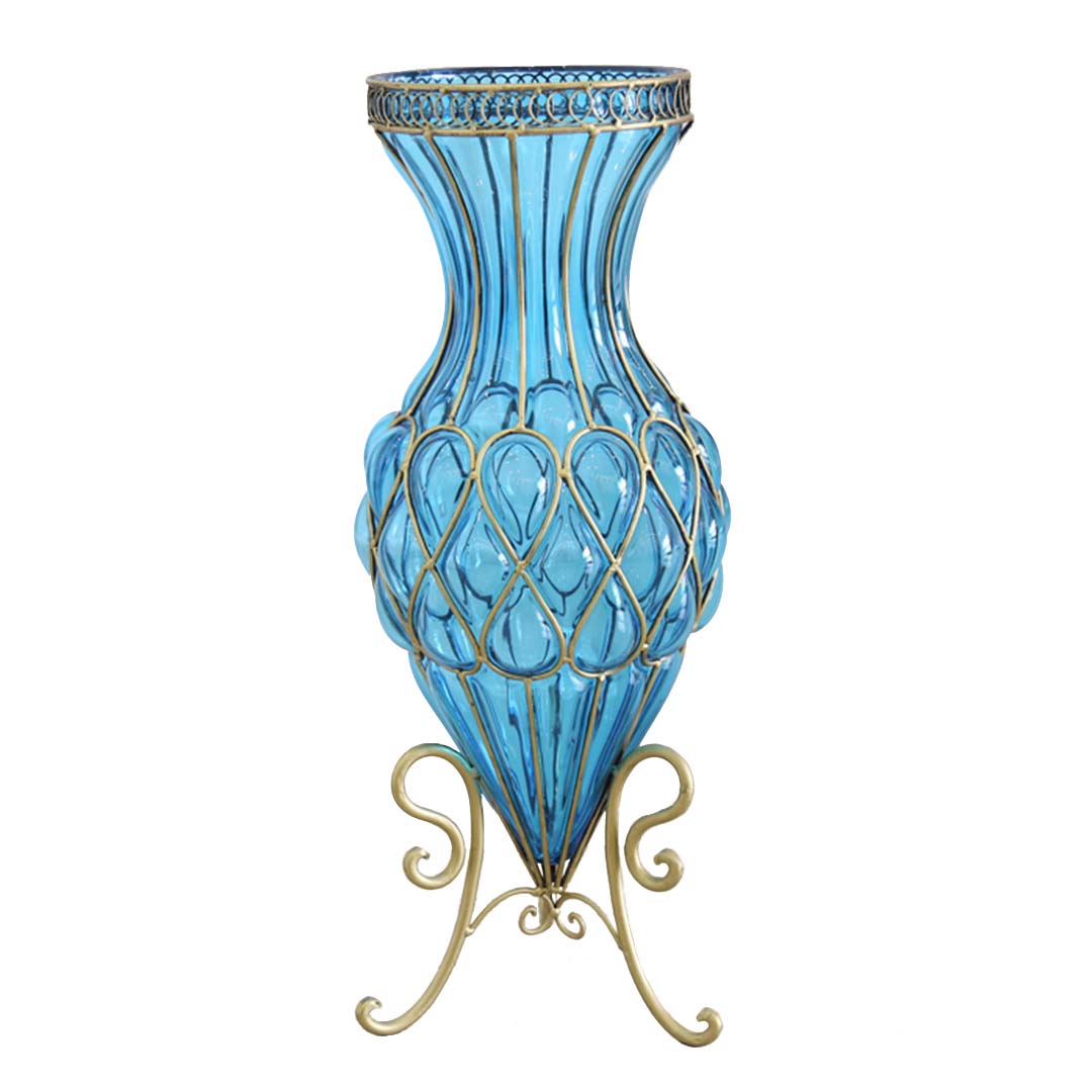 Soga 67Cm Blue Glass Tall Floor Vase With Metal Flower Stand, Home &Amp; Living, Home Decor, Vases, , ,  - Nz Depot 1