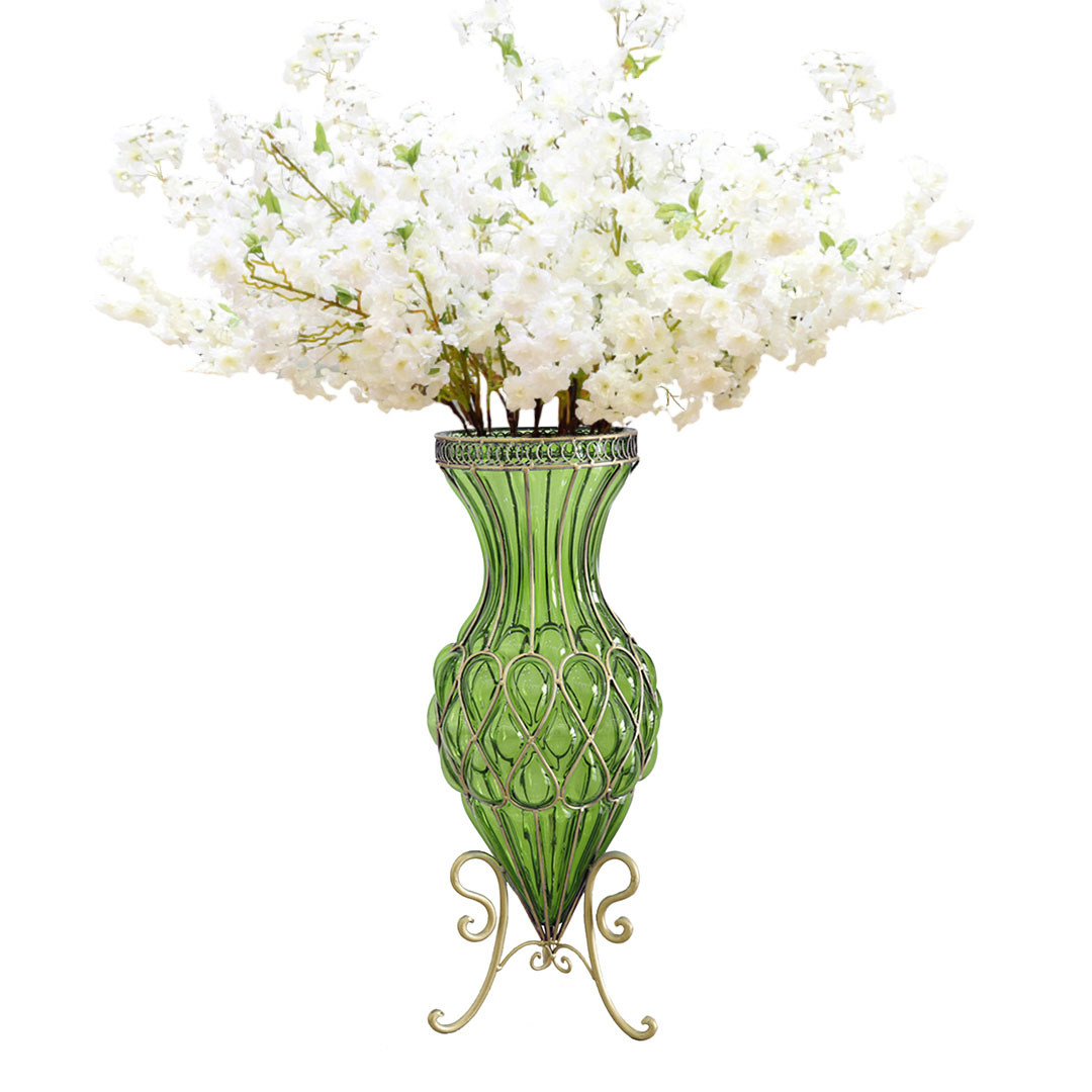 Soga 67Cm Green Glass Tall Floor Vase With 10Pcs White Artificial Fake Flower Set, Home &Amp; Living, Home Decor, Vases, , ,  - Nz Depot 1