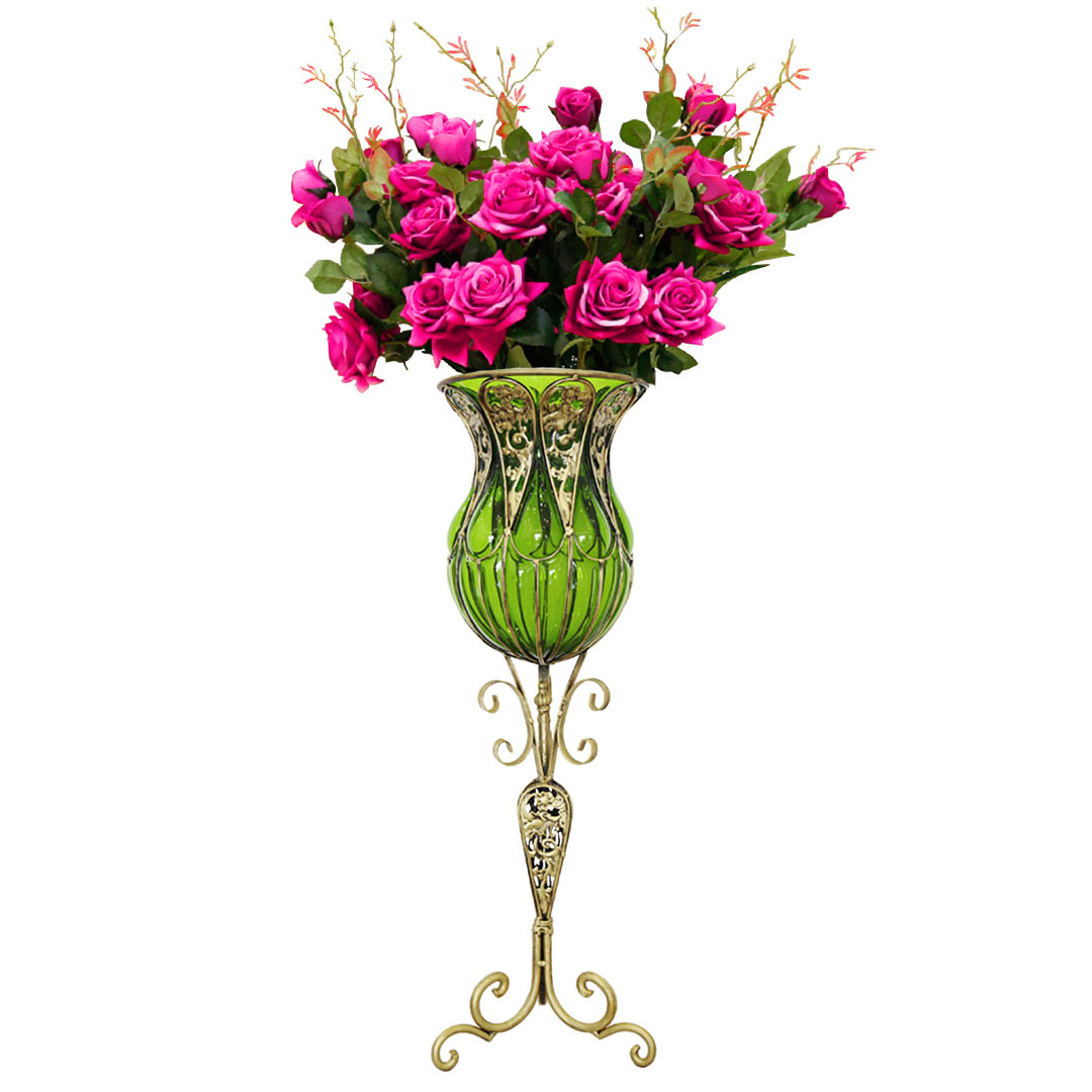 Soga 85Cm Green Glass Tall Floor Vase And 12Pcs Dark Pink Artificial Fake Flower Set, Home &Amp; Living, Home Decor, Vases, , ,  - Nz Depot 1