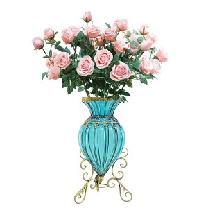 SOGA Blue Colored Glass Floor Flower Vase 8 Bunch 5 Heads Artificial Fake Silk Rose Home Decor Set, Home & Living, Home Decor, Vases, ,  - NZ DEPOT 1