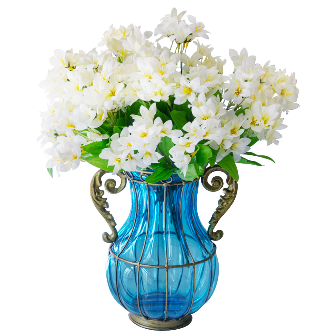 SOGA Blue Colored Glass Flower Vase with 10 Bunch 6 Heads Artificial Fake Silk Lilium nanum Home Decor Set, Home & Living, Home Decor, Vases, ,  - NZ DEPOT 1