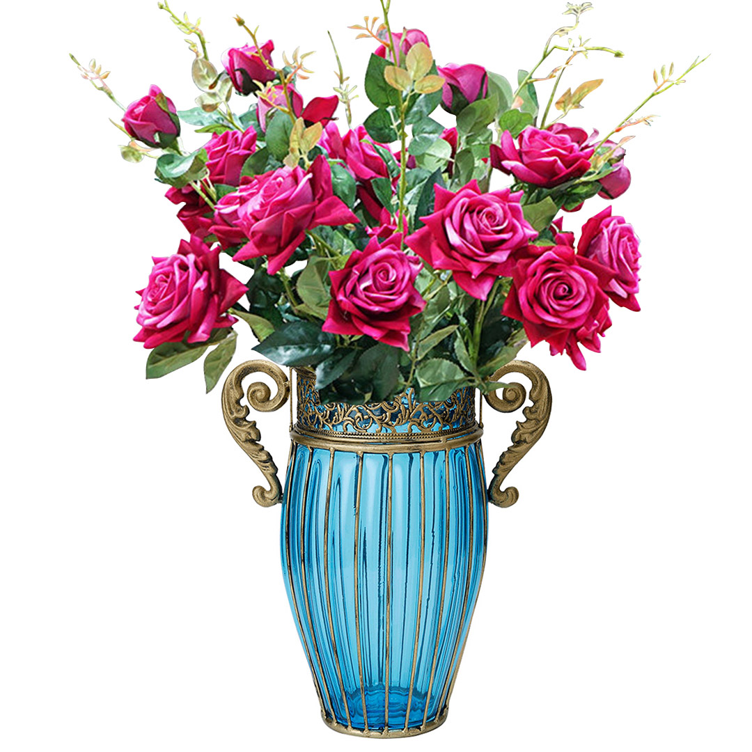 Soga Blue Colored Glass Flower Vase With 8 Bunch 5 Heads Artificial Fake Silk Rose Home Decor Set, Home &Amp; Living, Home Decor, Vases, , ,  - Nz Depot 1