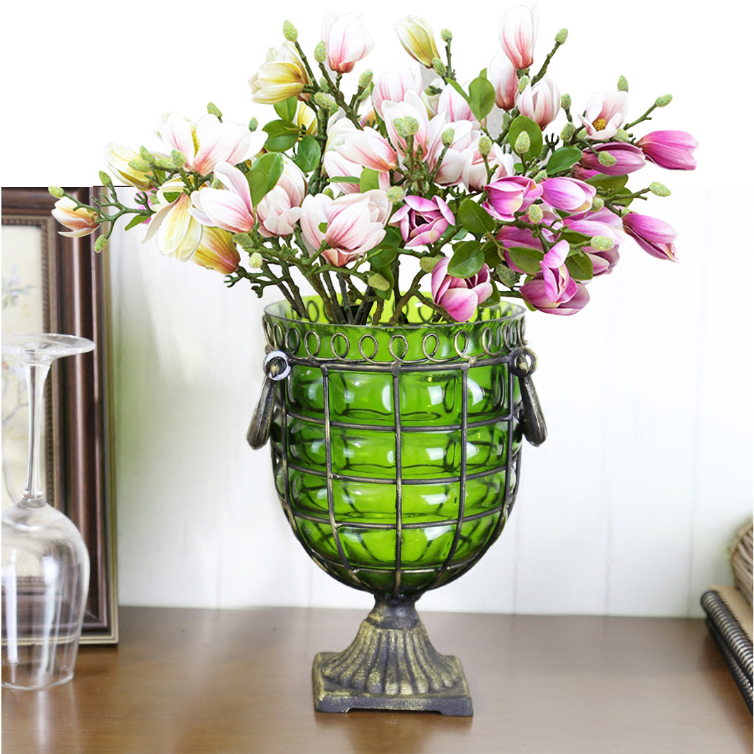 Soga Green Glass Flower Vase With 6 Bunch 4 Heads Artificial Fake Silk Magnolia Denudata Home Decor Set, Home &Amp; Living, Home Decor, Vases, , ,  - Nz Depot 6