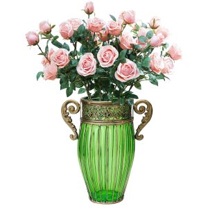 SOGA Green Glass Flower Vase with 8 Bunch 5 Heads Artificial Fake Silk Rose Home Decor Set, Home & Living, Home Decor, Vases, , ,  - NZ DEPOT 1