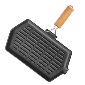 SOGA Rectangular Cast Iron Griddle Grill Frying Pan with Folding Wooden Handle, Home & Living, Kitchen & Dining, Cookware, Frying Pans, ,  - NZ DEPOT 1