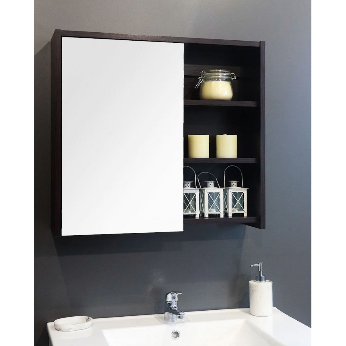 The European Bathroom Mirror Cabinet 100% Waterproof - 900 Black, Mirror - Nz Depot