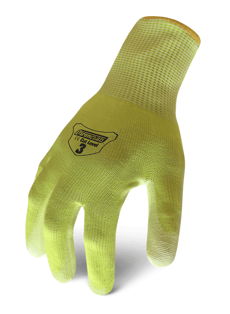 Ironclad Knit Cut 3 Hi-Vis Glove – 1 x Pair The knit Cut 3 is CE EN388 level 3 with polyurethane dipped palm in Hi-Vis Yellow! -EN388: 2003 -ANSI Cut: A1 BEST USES: Tool pushing