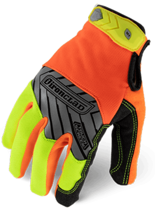 Ironclad Pro Touch Hi-Vis Glove – 1 x Pair HIGH VISIBILITY - Reflective Back of Hand Print IMPACT PROTECTION - Neoprene Padded Knuckle TOUCHSCREEN - Conductive Palm & Fingers SWEAT WIPE - Terry Cloth Sweat Wipe SECURE FIT - TPR Hook & Loop Closure