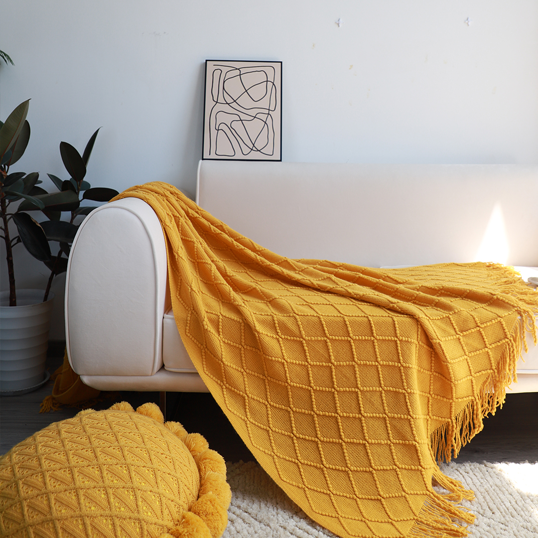 SOGA 2X Yellow Diamond Pattern Knitted Throw Blanket Warm Cozy Woven Cover Couch Bed Sofa Home Decor with Tassels, Home, Bed Linen, Throws And Blankets, Blankets, ,  - NZ DEPOT 10