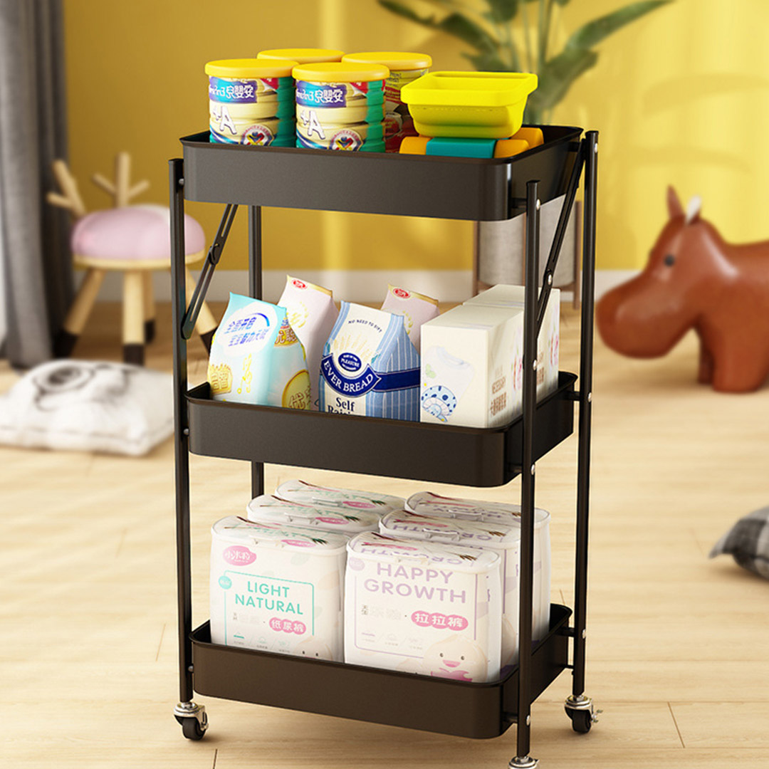 Soga 3 Tier Steel Black Foldable Kitchen Cart Multi-Functional Shelves Portable Storage Organizer With Wheels, Garden, Tools &Amp; Hardware, Garage Storage &Amp; Organisation, Utility Shelves, , ,  - Nz Depot 10