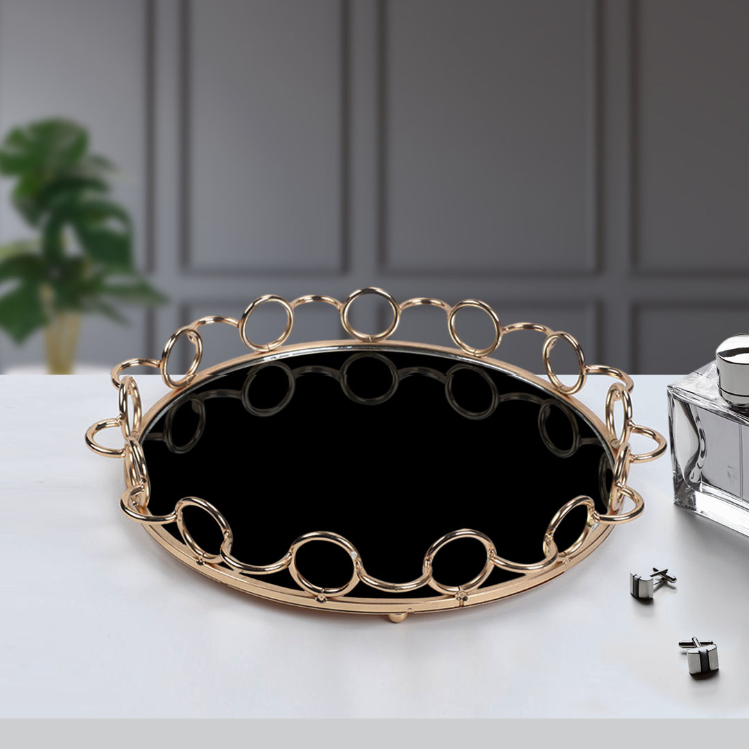 Soga 38Cm Black-Colored Round Mirror Glass Metal Tray Vanity Makeup Perfume Jewelry Organiser With Bronze Metal Frame Handles, Home &Amp; Living, Home Decor, Jewellery Holders &Amp; Organisers, , ,  - Nz Depot 4