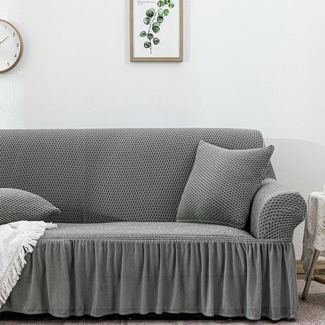 Soga 4-Seater Grey Sofa Cover With Ruffled Skirt Couch Protector High Stretch Lounge Slipcover Home Decor, Home &Amp; Living, Home Decor, Sofa Covers, , ,  - Nz Depot 5