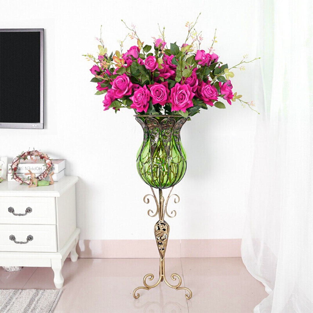 Soga 85Cm Green Glass Tall Floor Vase And 12Pcs Dark Pink Artificial Fake Flower Set, Home &Amp; Living, Home Decor, Vases, , ,  - Nz Depot 10