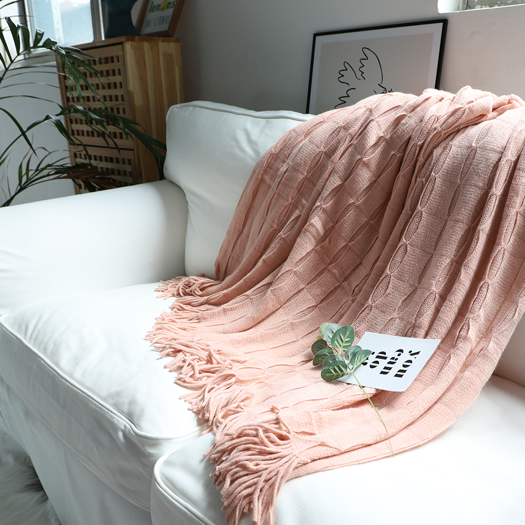 Soga Pink Textured Knitted Throw Blanket Warm Cozy Woven Cover Couch Bed Sofa Home Decor With Tassels, Home, Bed Linen, Throws And Blankets, Blankets, ,  - Nz Depot 10