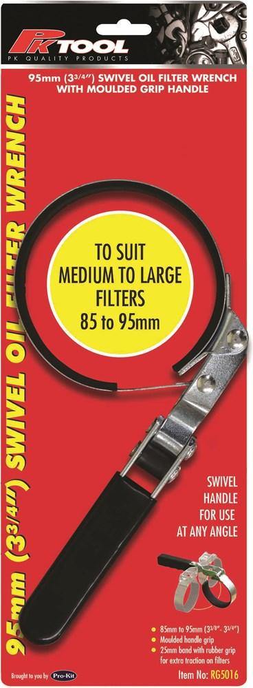 Swivel Oil Filter Wrench 85-95mm- Swivel handle for use at any angle- Rubber lined grip allows easy filter removal- Designed to remove oil filters in hard to reach areas- Brand: PKTool- Swivel Oil Filter Wrench 85-95mmStarting as a one-man operation in 1984