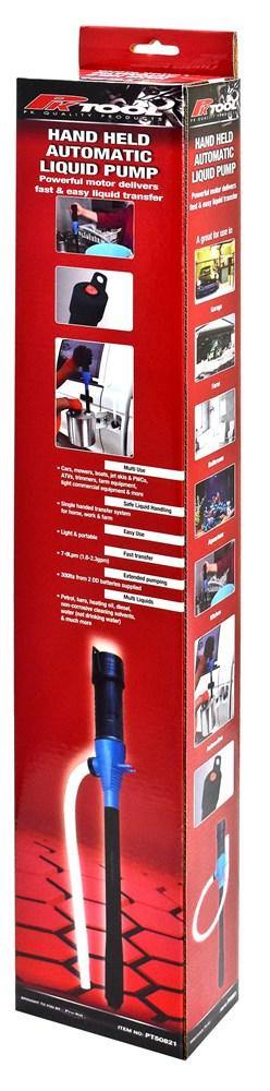 Hand Held Automatic Liquid Pump - Powerful motor delivers fast and easy liquid transfer -  A single handed and safe transfer system -  Fast transfer rate 7 to 9 Lpm -  Useful in the garage