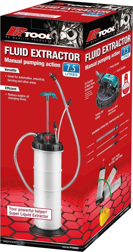 Manual Pumping Action 7.5 Litter Oil and Fluid Extractor - Extracts oil and low-viscosity fluids -  A dependable single-piece construction -  Shut-off valve prevents fluids from overflowing -  Suitable for the extraction of all types of engine -  Manual Pumping Action 7.5 Litter Oil and Fluid Extractor