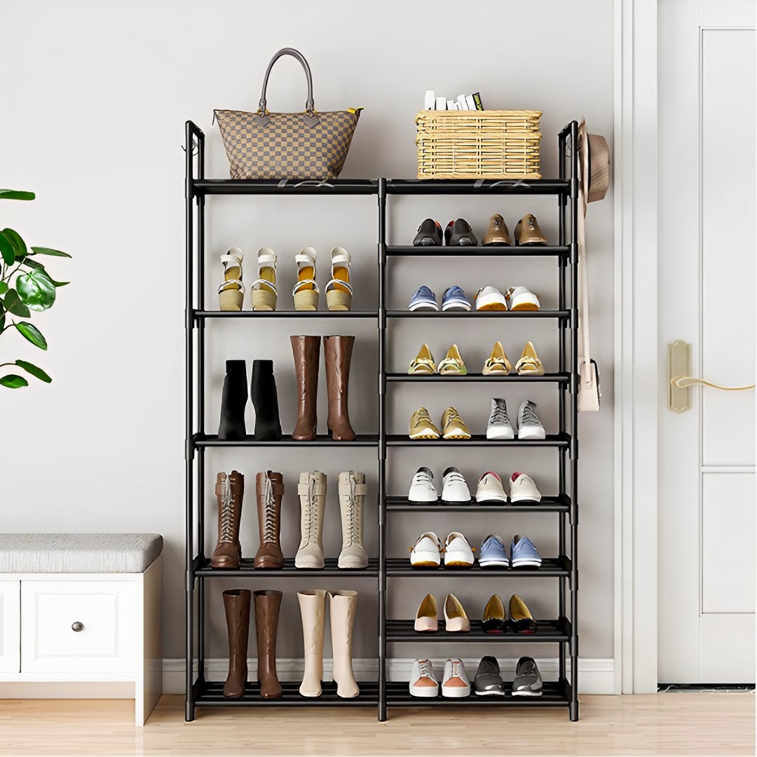 Soga 12-Shelf Tier Shoe Storage Shelf Space-Saving Caddy Rack Organiser With Side Hooks Black, Furniture, Storage &Amp; Shelving, Shoe Storage, , ,  - Nz Depot 6