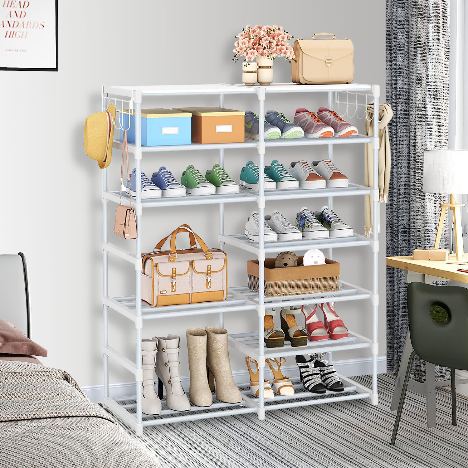 Soga 12-Shelf Tier Shoe Storage Shelf Space-Saving Caddy Rack Organiser With Side Hooks White, Furniture, Storage &Amp; Shelving, Shoe Storage, , ,  - Nz Depot 3