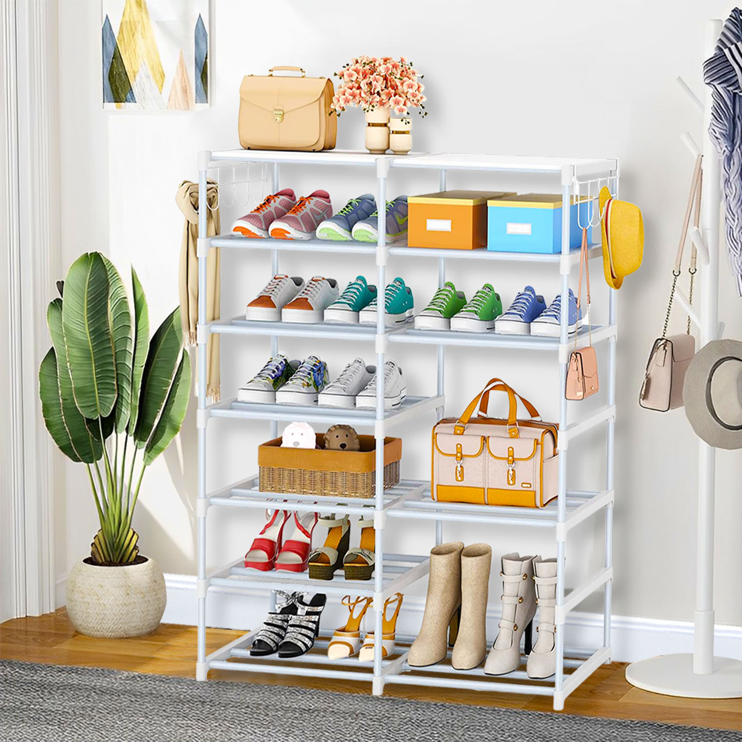 Soga 12-Shelf Tier Shoe Storage Shelf Space-Saving Caddy Rack Organiser With Side Hooks White, Furniture, Storage &Amp; Shelving, Shoe Storage, , ,  - Nz Depot 5