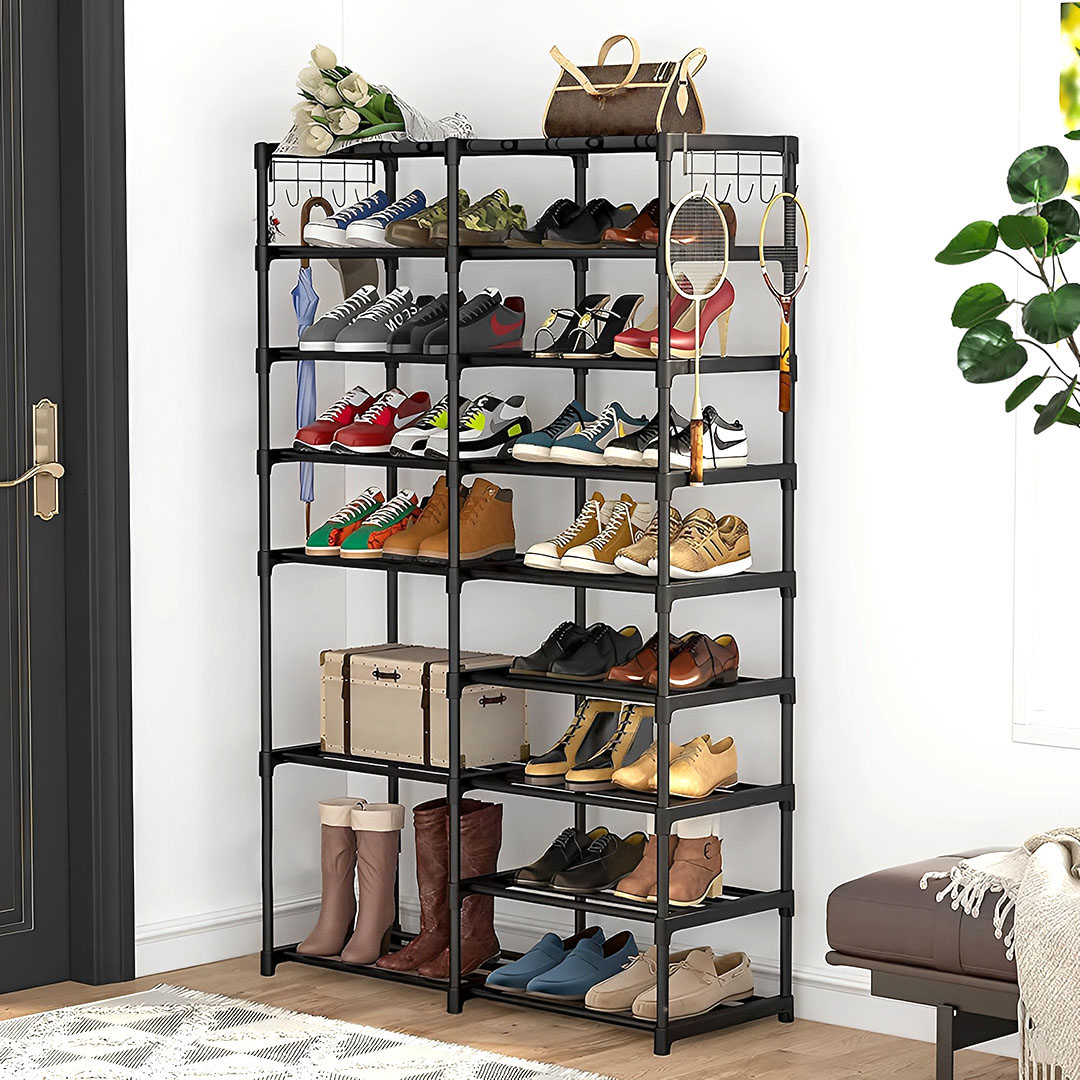 SOGA 16-Shelf Tier Shoe Storage Shelf Space-Saving Caddy Rack Organiser with Side Hooks Black, Furniture, Storage & Shelving, Shoe Storage, , ,  - NZ DEPOT 5