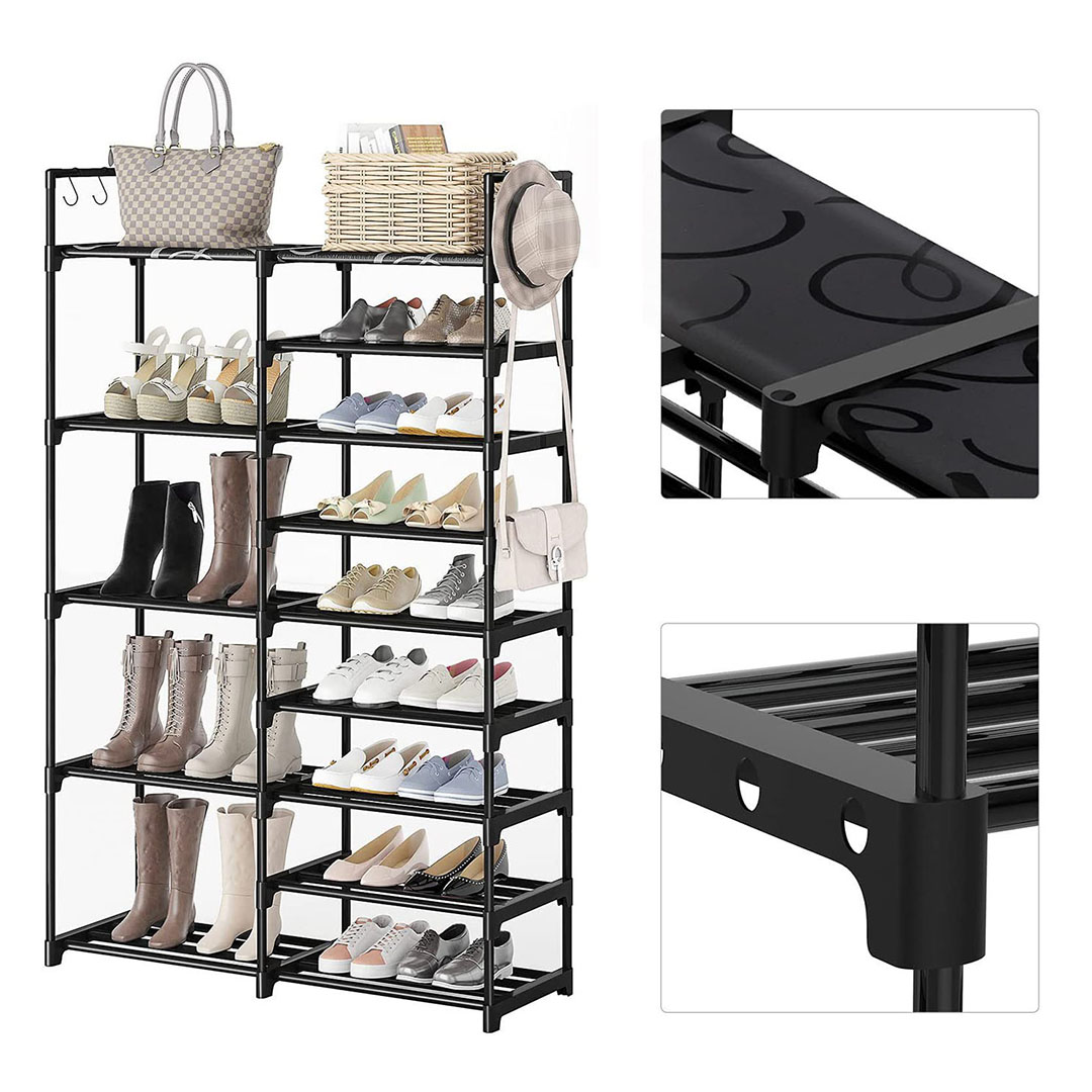 SOGA 16-Shelf Tier Shoe Storage Shelf Space-Saving Caddy Rack Organiser with Side Hooks Black, Furniture, Storage & Shelving, Shoe Storage, , ,  - NZ DEPOT 7