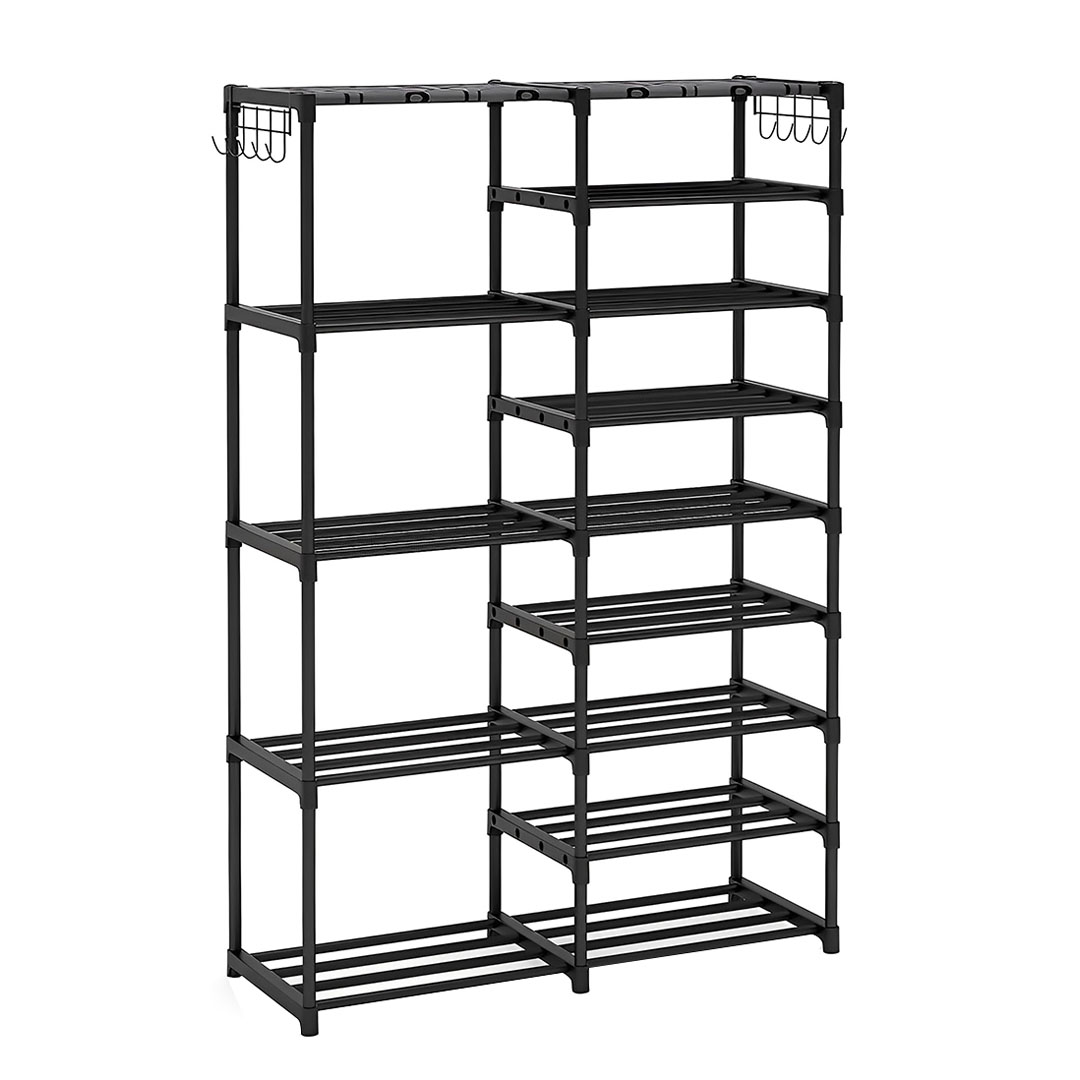 SOGA 16-Shelf Tier Shoe Storage Shelf Space-Saving Caddy Rack Organiser with Side Hooks Black, Furniture, Storage & Shelving, Shoe Storage, , ,  - NZ DEPOT 1