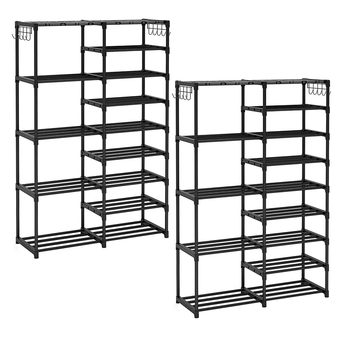 SOGA 2X 16-Shelf Tier Shoe Storage Shelf Space-Saving Caddy Rack Organiser with Side Hooks Black, Furniture, Storage & Shelving, Shoe Storage, , ,  - NZ DEPOT 1