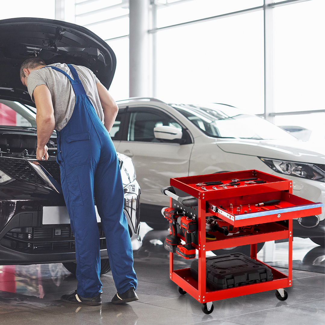 SOGA 2X 3 Tier Tool Storage Cart Portable Service Utility Heavy Duty Mobile Trolley with Drawer and Hooks Red, Garden, Tools & Hardware, Garage Storage & Organisation, Tool Organisers, , ,  - NZ DEPOT 3