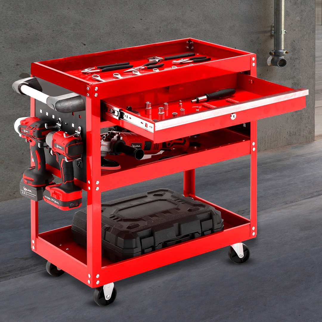 SOGA 2X 3 Tier Tool Storage Cart Portable Service Utility Heavy Duty Mobile Trolley with Drawer and Hooks Red, Garden, Tools & Hardware, Garage Storage & Organisation, Tool Organisers, , ,  - NZ DEPOT 5