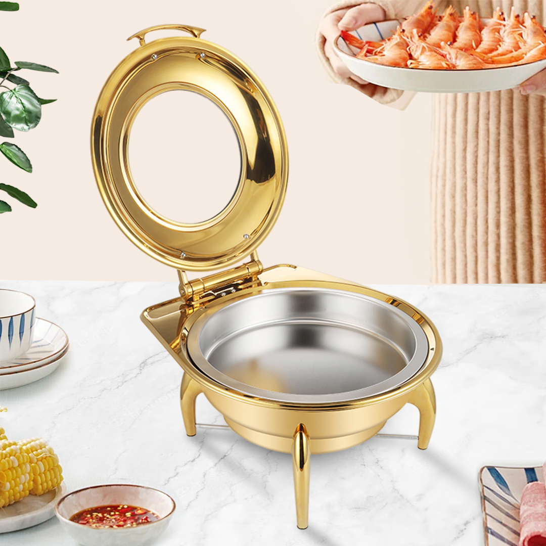 Soga 2X Gold Plated Stainless Steel Round Chafing Dish Tray Buffet Cater Food Warmer Chafer With Top Lid, Furniture, Kitchen &Amp; Dining Room Furniture, Buffets, Sideboards &Amp; Kitchen Islands, , ,  - Nz Depot 3