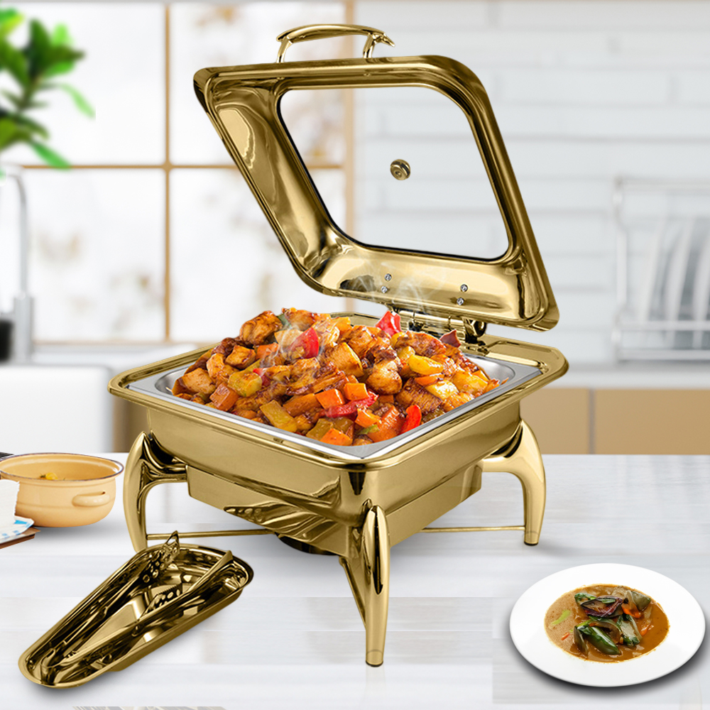 Soga 2X Gold Plated Stainless Steel Square Chafing Dish Tray Buffet Cater Food Warmer Chafer With Top Lid, Furniture, Kitchen &Amp; Dining Room Furniture, Buffets, Sideboards &Amp; Kitchen Islands, , ,  - Nz Depot 4