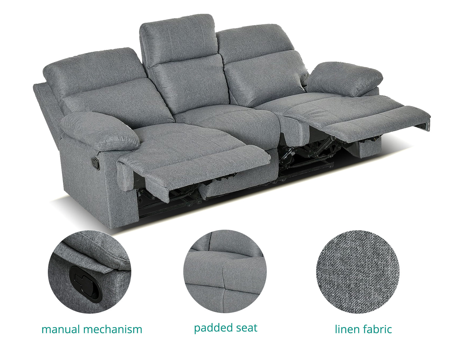 DS Manual Recliner Sofa Linen Grey PR11459 Sofas Sectionals Sofa Beds NZ DEPOT 4