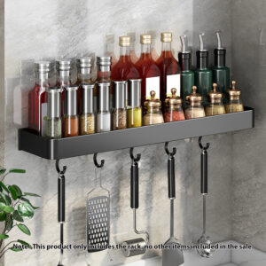 SOGA 2X 42cm Black Wall-Mounted Rectangular Kitchen Spice Storage Organiser Space Saving Condiments Shelf Rack with Hooks, Kitchen & Dining, Kitchen Storage, Kitchen Organisation, Spice Organisers, ,  - NZ DEPOT 2