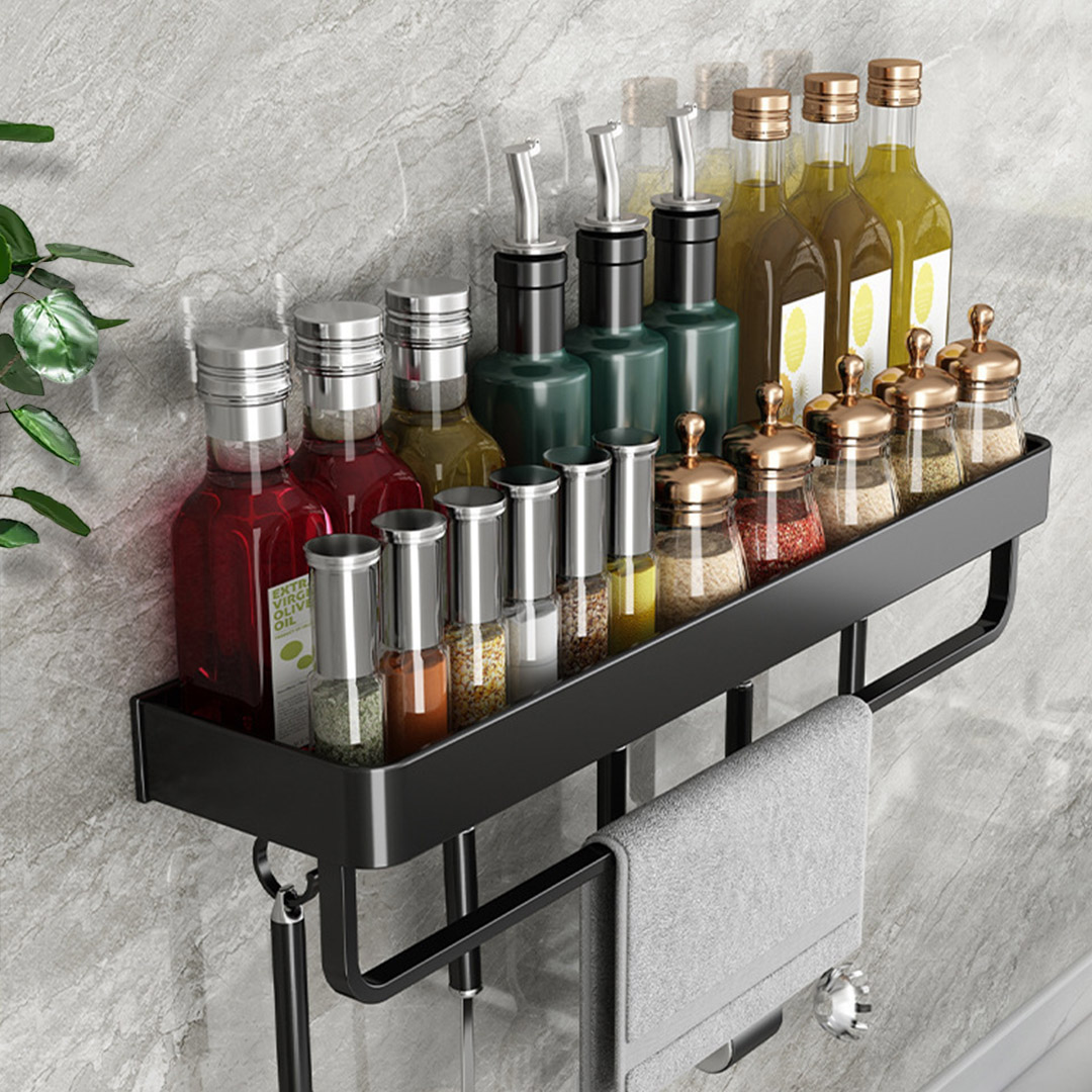 Soga 2X 52Cm Black Wall-Mounted Rectangular Kitchen Spice Storage Organiser Space Saving Condiments Shelf Rack With Hooks, Kitchen &Amp; Dining, Kitchen Storage, Kitchen Organisation, Spice Organisers, ,  - Nz Depot 5