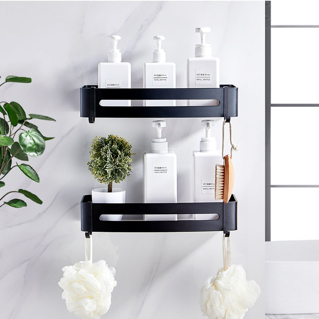 Soga 2X Black Wall-Mounted Rectangular Bathroom Storage Organiser Space Saving Adhesive Shelf Rack With Hooks, Home, Bathroom, Bathroom Accessories, Bathroom Storage, ,  - Nz Depot 3