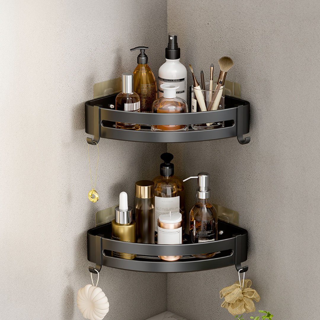 Soga 2X Black Wall-Mounted Triangular Bathroom Storage Corner Vanity Organiser Space Saving Adhesive Shelf Rack With Hooks, Home, Bathroom, Bathroom Accessories, Bathroom Storage, ,  - Nz Depot 6