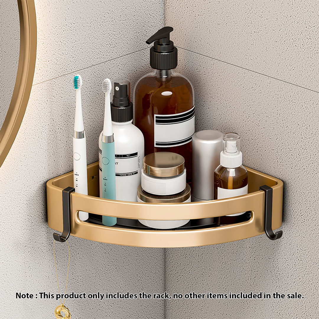 Soga 2X Gold Wall-Mounted Triangular Bathroom Storage Corner Vanity Organiser Space Saving Adhesive Shelf Rack With Hooks, Home, Bathroom, Bathroom Accessories, Bathroom Storage, ,  - Nz Depot 2