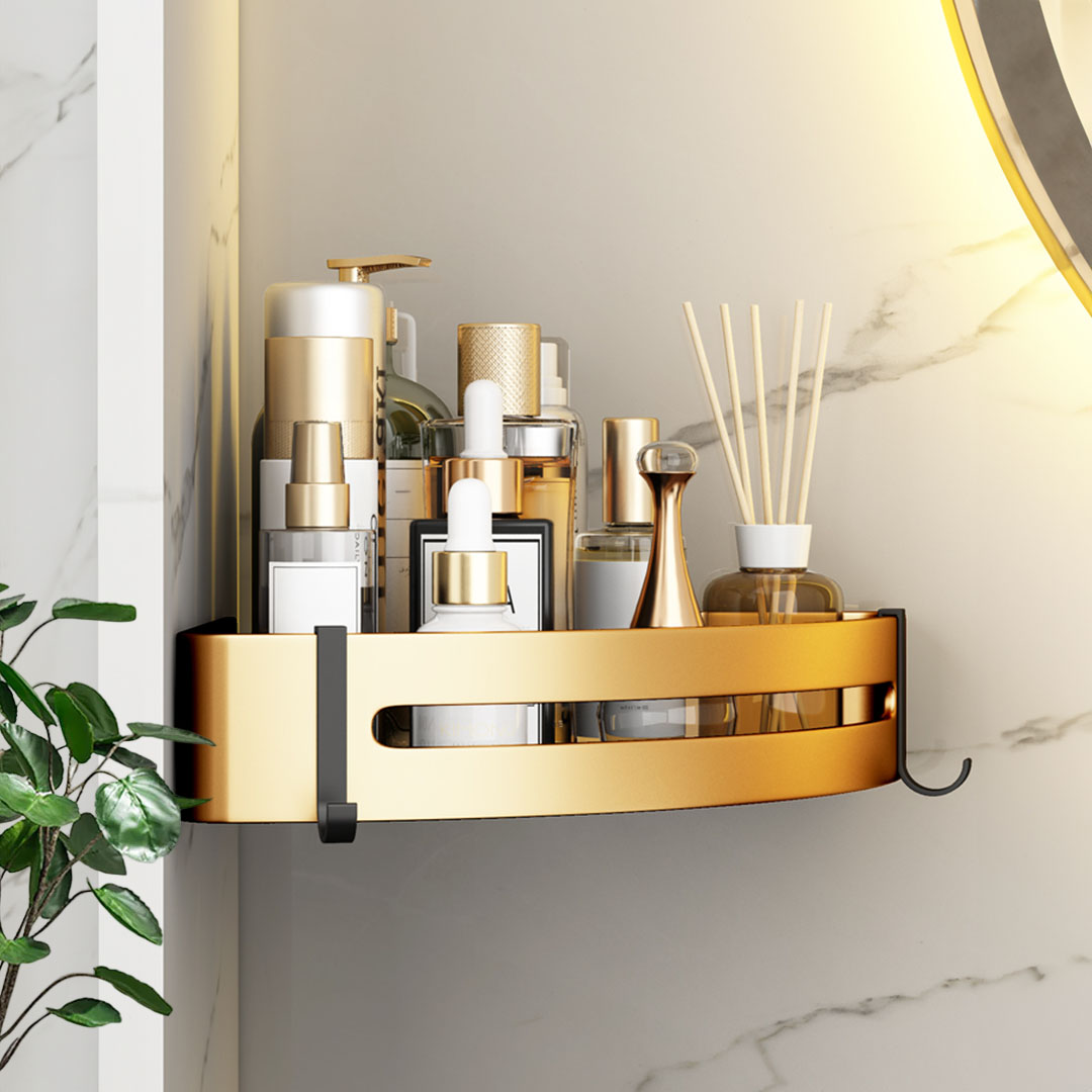 Soga 2X Gold Wall-Mounted Triangular Bathroom Storage Corner Vanity Organiser Space Saving Adhesive Shelf Rack With Hooks, Home, Bathroom, Bathroom Accessories, Bathroom Storage, ,  - Nz Depot 3