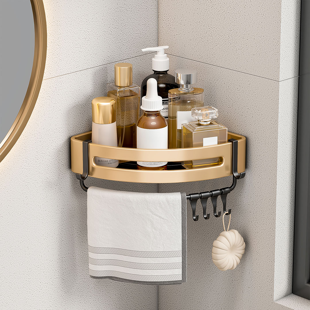 Soga 2X Gold Wall-Mounted Triangular Bathroom Storage Corner Vanity Organiser Space Saving Adhesive Shelf Rack With Hooks, Home, Bathroom, Bathroom Accessories, Bathroom Storage, ,  - Nz Depot 4