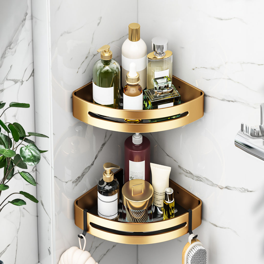 Soga 2X Gold Wall-Mounted Triangular Bathroom Storage Corner Vanity Organiser Space Saving Adhesive Shelf Rack With Hooks, Home, Bathroom, Bathroom Accessories, Bathroom Storage, ,  - Nz Depot 8