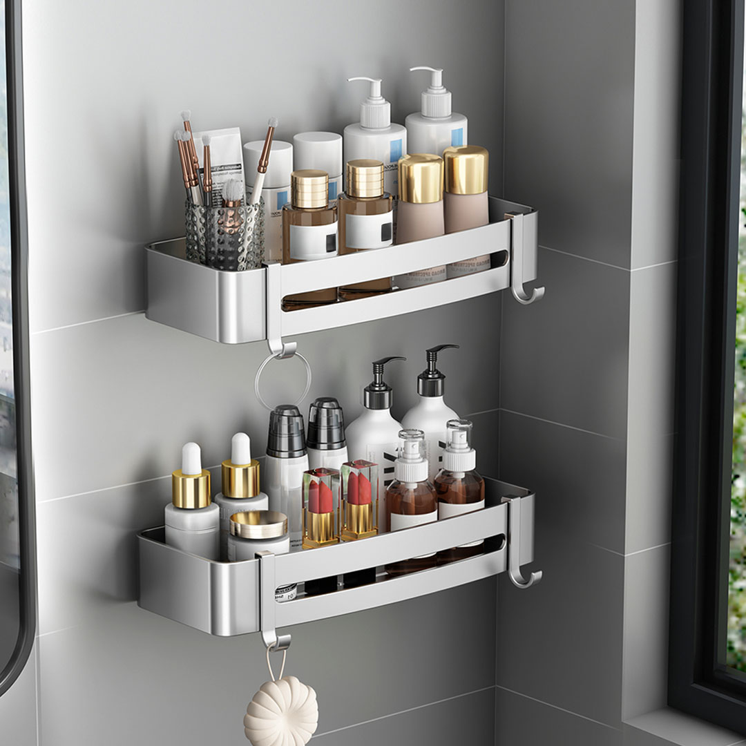 Soga 2X Silver Wall-Mounted Rectangular Bathroom Storage Organiser Space Saving Adhesive Shelf Rack With Hooks, Home, Bathroom, Bathroom Accessories, Bathroom Storage, ,  - Nz Depot 3