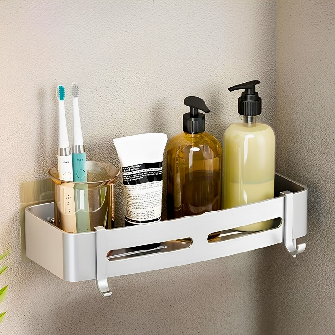 Soga 2X Silver Wall-Mounted Rectangular Bathroom Storage Organiser Space Saving Adhesive Shelf Rack With Hooks, Home, Bathroom, Bathroom Accessories, Bathroom Storage, ,  - Nz Depot 4