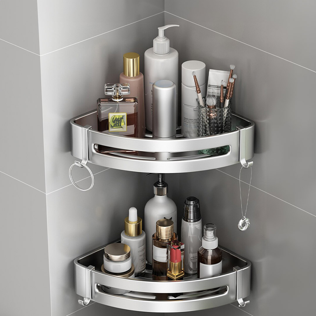 Soga 2X Silver Wall-Mounted Triangular Bathroom Storage Corner Vanity Organiser Space Saving Adhesive Shelf Rack With Hooks, Home, Bathroom, Bathroom Accessories, Bathroom Storage, ,  - Nz Depot 4